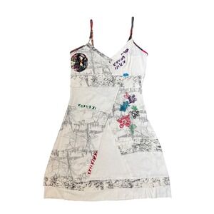 Vintage Y2K Patchwork Dress Tree Print Embroidered Flowers Spaghetti Strap